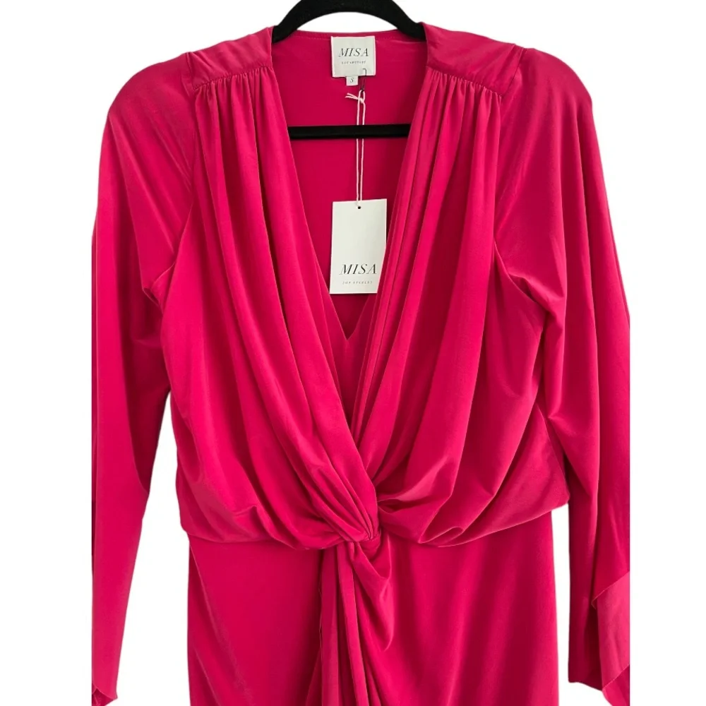 Misa Hot Pink Barbie Ruched Tie Knot Teget Jersey Dress NWT Size Small - Picture 3 of 7